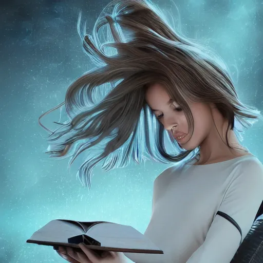 Prompt: a girl reading a book, her hair flowing down, symmetric!!, anatomically correct, concept style, trending on artstation, concept art, detailed, octane render, cinematic, photo-realistic, 8k, high detailed