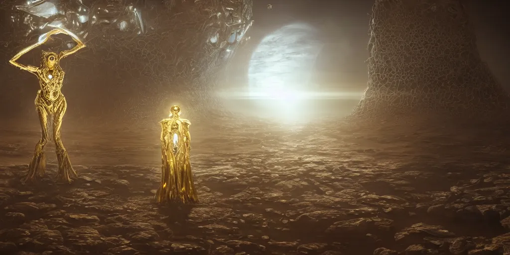 Prompt: a photo of 8k ultra realistic corrupted lovecraftian golden humanoid queen standing next to a spaceship window overlooking mars, 8 intricate white and gold tentacles, ornate white and gold armour, cinematic lighting, trending on artstation, 4k, hyperrealistic, focused, high details, unreal engine 5, cinematic, masterpiece