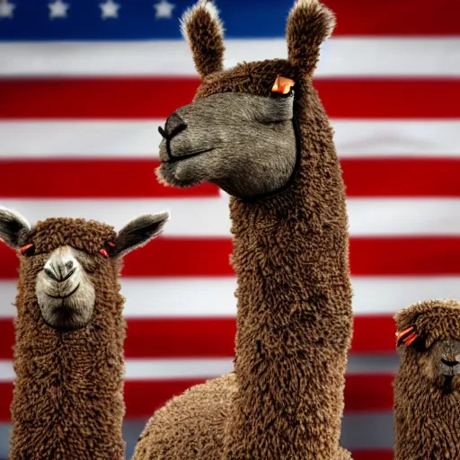 Prompt: 4 k highly detailed full body brown llama giving a presidential speech in front of a cheering crowd