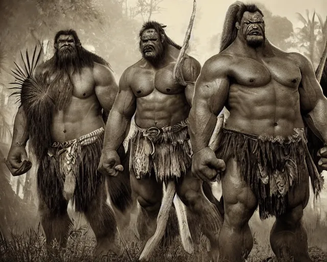 Image similar to hyper realistic group vintage photograph of a live action warcraft orc warrior tribe in the jungle, tall, hulk like physique, detailed faces, tribal paint, tribal armor, grain, old, monochrome, sepia toned, realistic lighting, wide angle