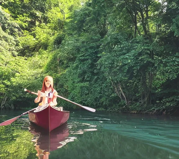 Image similar to a girl rowing a small rowboat, girl is focus, medium shot. Narrow river, close river bank, shady, forest, jungle, vines, trees, ripples, reflections. By Makoto Shinkai, Stanley Artgerm Lau, WLOP, Rossdraws, James Jean, Andrei Riabovitchev, Marc Simonetti, krenz cushart, Sakimichan, D&D trending on ArtStation, digital art.