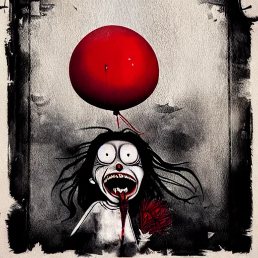 Image similar to grunge painting of a raven with a wide smile and a red balloon by tim burton, loony toons style, pennywise style, corpse bride style, rick and morty style, creepy lighting, horror theme, detailed, elegant, intricate, conceptual, volumetric light