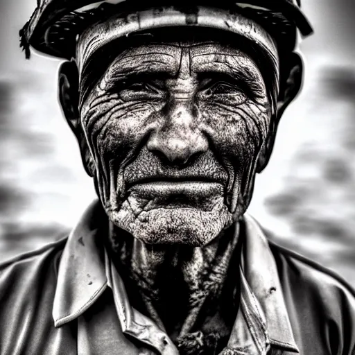 Prompt: A beautiful high quality portrait photo of an old puruvian mine worker with wrinkles, dirty face, helmet, by Steve McCurry, dramatic lighting and colors