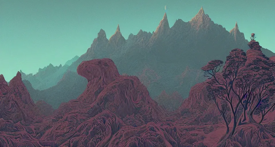 Image similar to a beautiful landscape with trees and mountains, by kilian eng