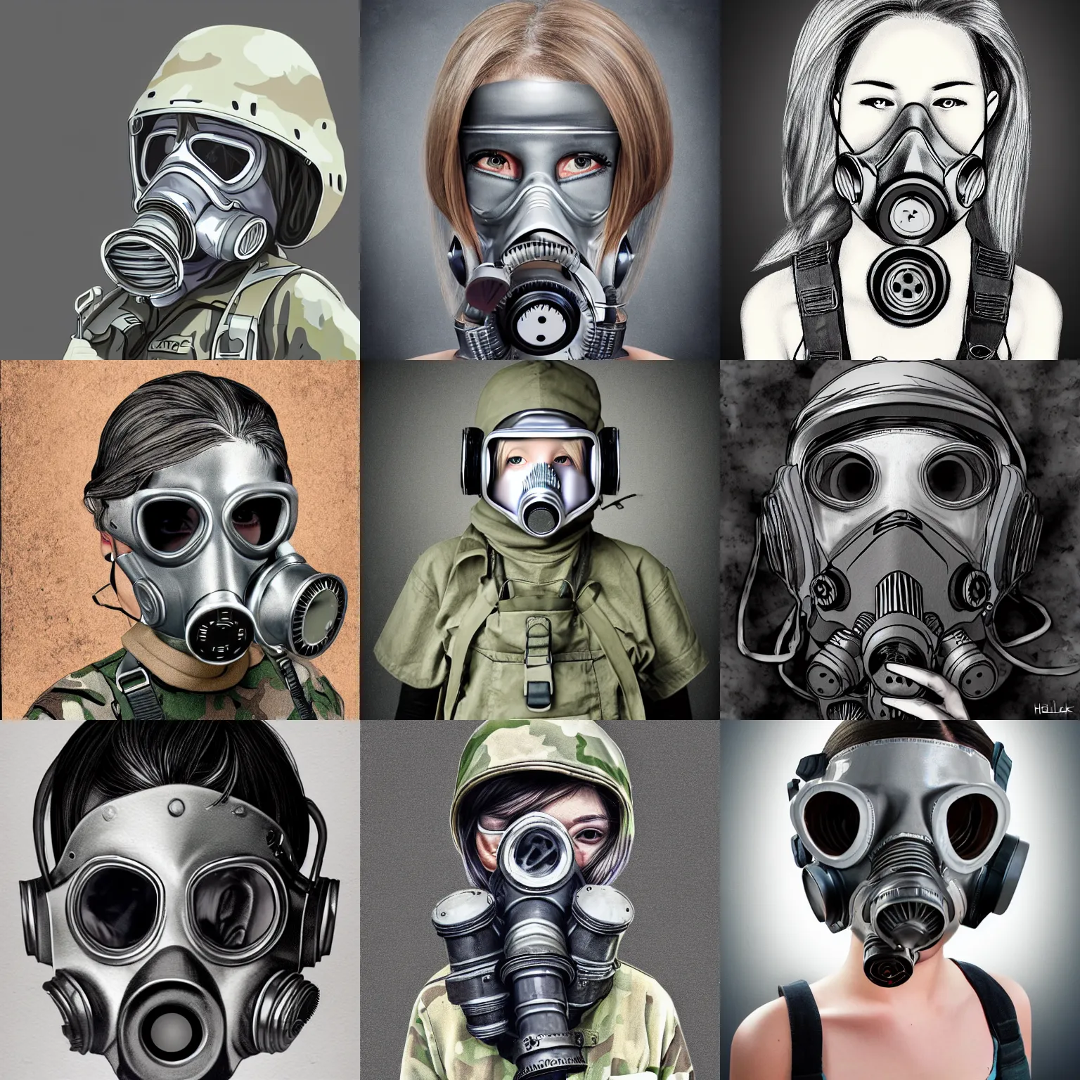 Prompt: girl silver hair, multicam, gas mask, realistic illustration by hellshock