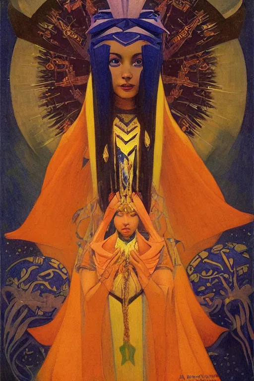 Image similar to queen of midnight with stars in her hair by Nicholas Roerich and Annie Swynnerton and Diego Rivera and jean delville, dramatic cinematic lighting , dark skin, ornate headdress , flowing robes, sacred artifacts, lost civilizations, smooth, sharp focus, extremely detailed