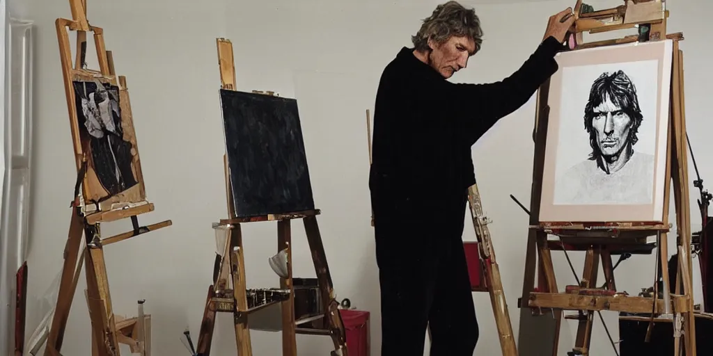 Prompt: pink floyd's roger waters, stands at his easel, painting a self portrait