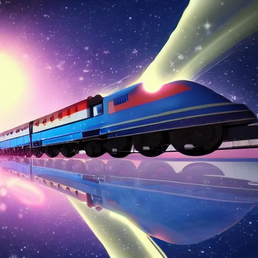 Prompt: a retro sci fi wallpaper of a train flying through space, train centered in the picture, space and stars only