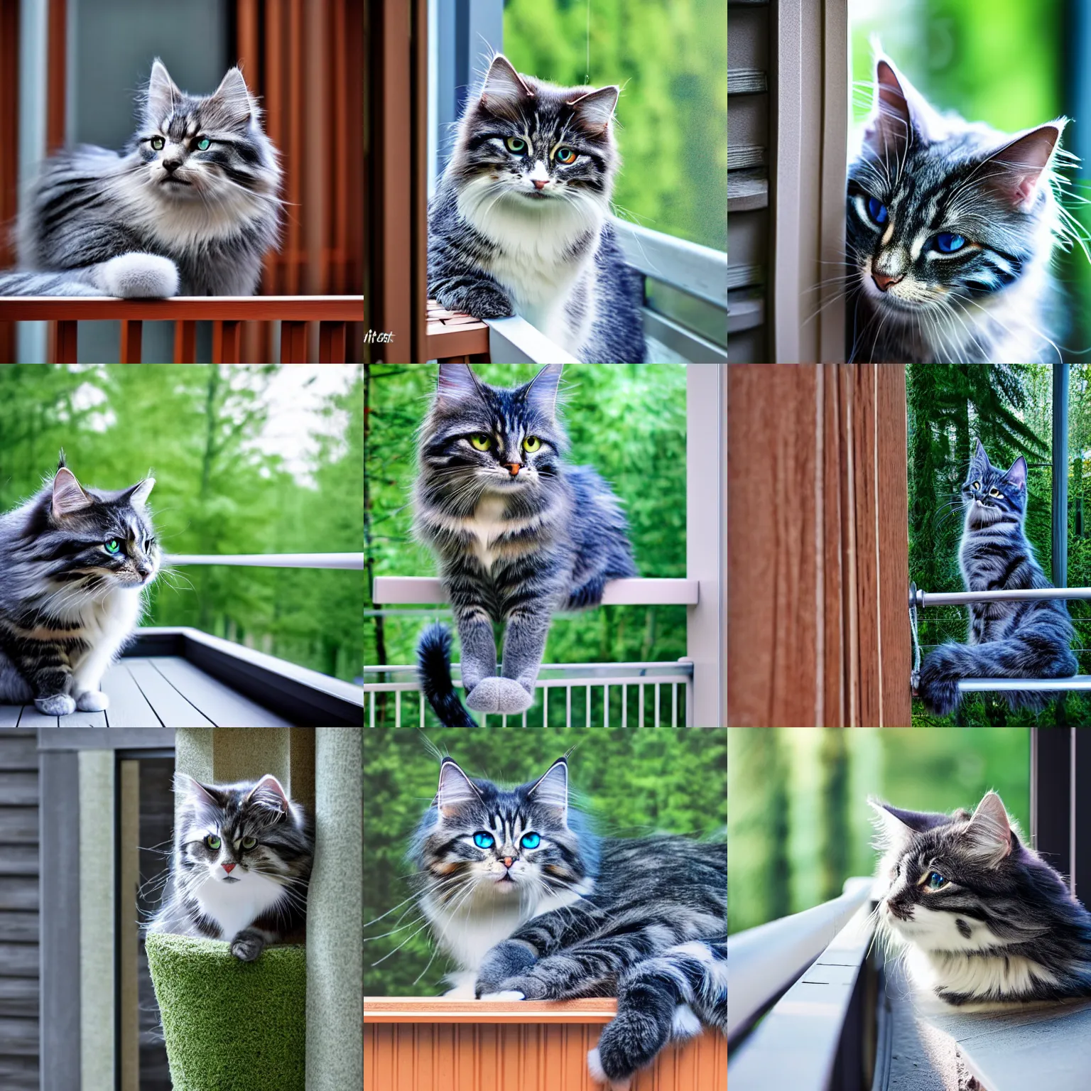 Prompt: catproof balcony situated inside courtyard garden, futuristic, high tech, the year 3 0 0 0, scratching post, blue siberian forest cat, catnet, photography, hyperrealistic, 8 k hd