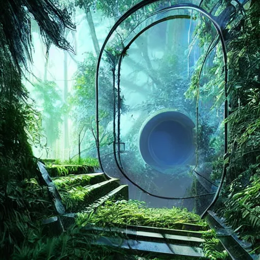 Image similar to stairs leading to a derelict portal in a middle of a lush futuristic forest, alien world seen through a portal, daylight, cinematic lighting, blue sky, syd mead, john harris