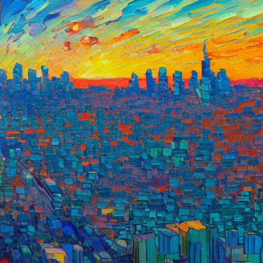 Image similar to a painting of a sunset over a cityscape with buildings in the background, an oil painting by erin hanson and stanton macdonald wright, deviantart, american impressionism, rich color palette, impressionism, fauvism, cgsociety, lyrical abstraction, cityscape, dystopian art