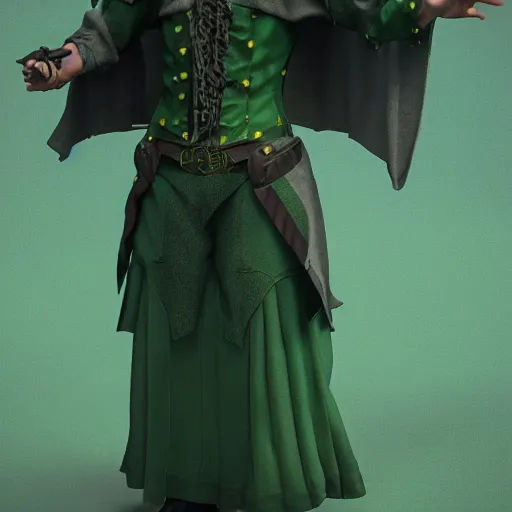 Image similar to western fantasy bard style clothing design, green tones, dark green cape,. artstation, volumetric light, detailed, photorealistic, fantasy, rendered in octane