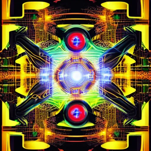 Image similar to a cibernetic artwork of a futuristic artificial intelligence superstar, centered image, with frames made of detailed fractals