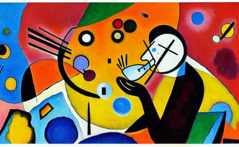 Image similar to In the style of Kandinsky, a painting of an astronaut eating an orange in front of a concrete building