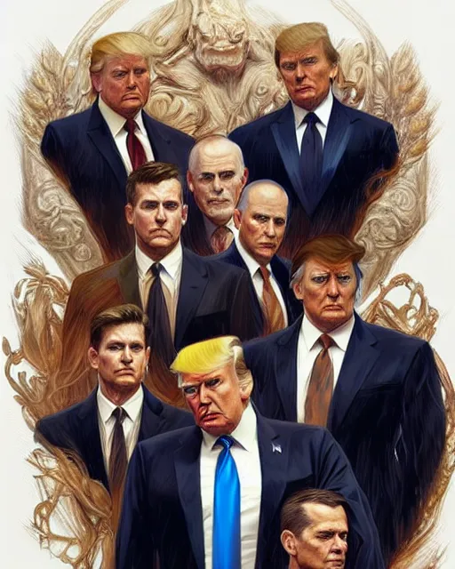 Image similar to Portrait of Donald Trump & FBI officers at Key Largo,real life skin, intricate, elegant, highly detailed, artstation, concept art, smooth, sharp focus, art by artgerm and greg rutkowski and alphonse mucha