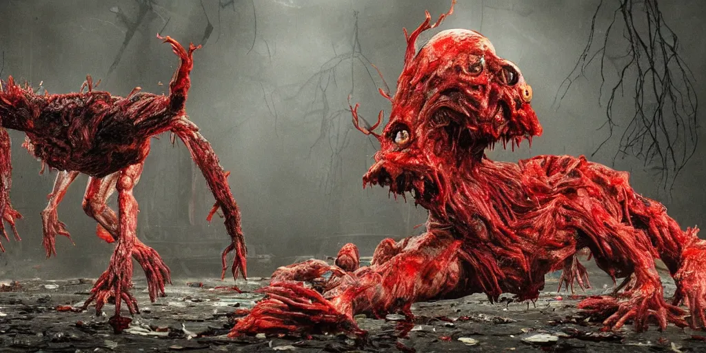 Image similar to four legged muscular creature emerges from pile of fleshy zombies, creature has red glowing eyes, photorealistic, by john carpenter, the thing, bloody, vile