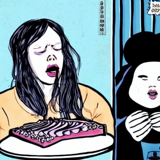 Prompt: Obese Billie Eilish eating cake in the style of Sandman comic