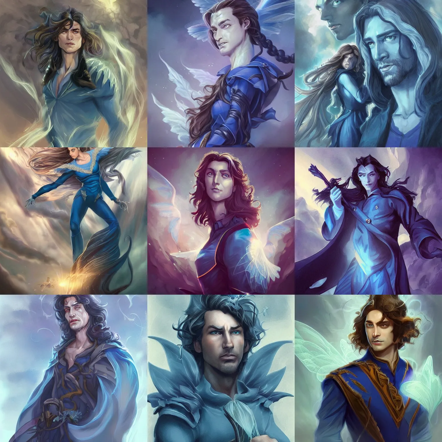 Prompt: kaladin stormblessed. young men with shoulder length hair. blue uniform. portrait. ghostly fairy women sitting on his shoulder. highly detailed, sharp focus, illustration, concept art, artgerm style, character design