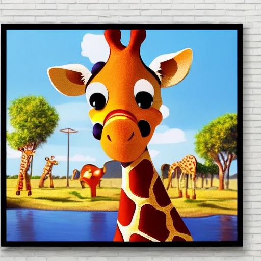 Image similar to Geoffrey the giraffe Toys”R”Us mascot, dynamic lighting, cinematic, establishing shot, extremely high detail, shining, photo realistic, cinematic lighting, intricate line drawings, 8k resolution, oil painting on canvas