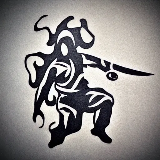 Image similar to tattoo design, stencil, a ninja jumping in the air with a sword