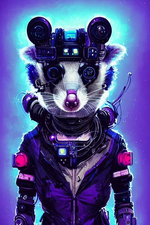 Image similar to a beautiful portrait of a cute cyberpunk opossum by sandra chevrier and greg rutkowski and wlop, purple blue color scheme, high key lighting, volumetric light, digital art, highly detailed, fine detail, intricate, ornate, complex, octane render, unreal engine, photorealistic