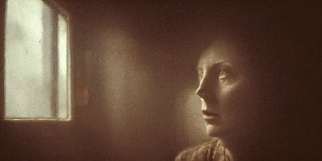 Image similar to portrait bust of a mother, tired expression, faded color film, russian cinema, tarkovsky, kodachrome, inside old cabin, next to window, heavy forest outside, long brown hair, old clothing, heavy fog, brown color palette, hudson river school, 4 k, dramatic lighting, greg rutkowski