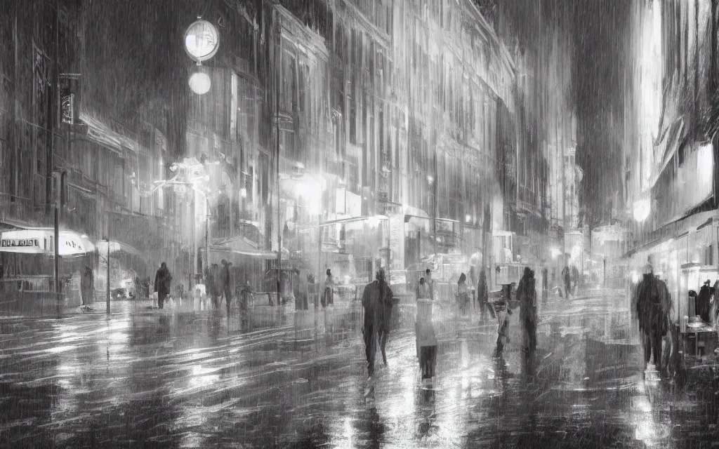 Prompt: concept art, wet helsinki street at night by roger deakins, in the style of syd mead and liam wong