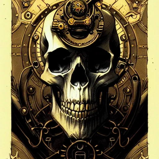Prompt: skull, steampunk, black paper, gold details, tarot card, by peter mohrbacher, by marc simonetti, by mike mignola, detailed, intricate ink illustration 7 0 4