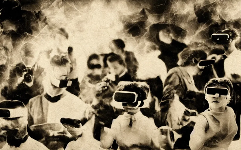 Image similar to 1 9 0 0 s photo of people using iphones ipods virtual reality headsets vr in a movie theater double exposure masterpiece