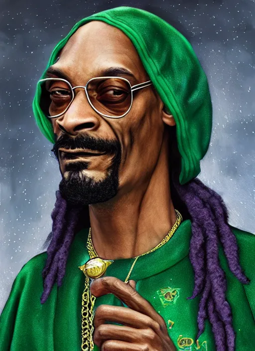 Image similar to snoop dogg as a wizard, short beard, grumpy, intricate green robes with purple accents, Ivan Aivakovsky, Boris Vallejo, epic fantasy character art, D&D Concept Art, full length, Realistic, Regal, Refined, Detailed Digital Art, Oil Paining, Exquisite detail, post-processing, masterpiece, Cinematic Lighting, Unreal Engine, 8k, HD, Stanley Artgerm Lau, WLOP, Rossdraws, Frank Frazetta, Andrei Riabovitchev, Marc Simonetti, trending on artstation,