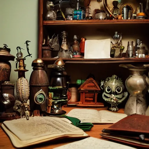 Image similar to the cluttered desk of a potion master