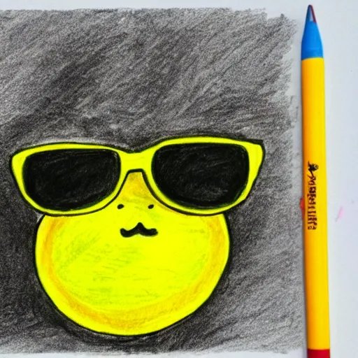 Prompt: A yellow lemon with sunglasses, drawn by a 6 year old kid using crayons.