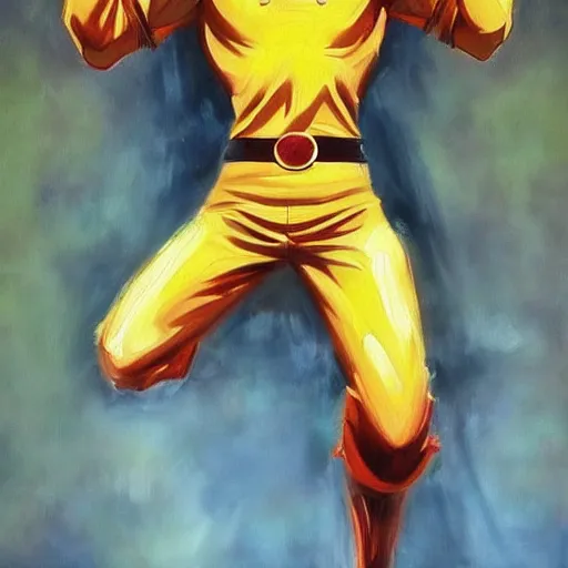 Image similar to a realistic oil painting of a live action saitama from one punch man. Many details, heroic pose