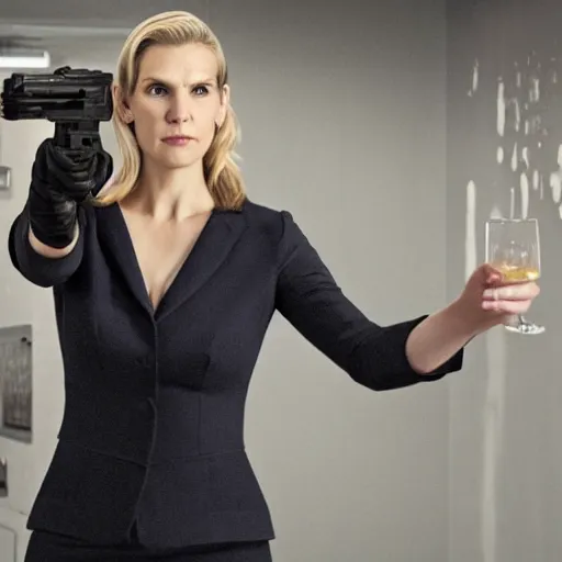 Prompt: kim wexler aiming a pistol pov