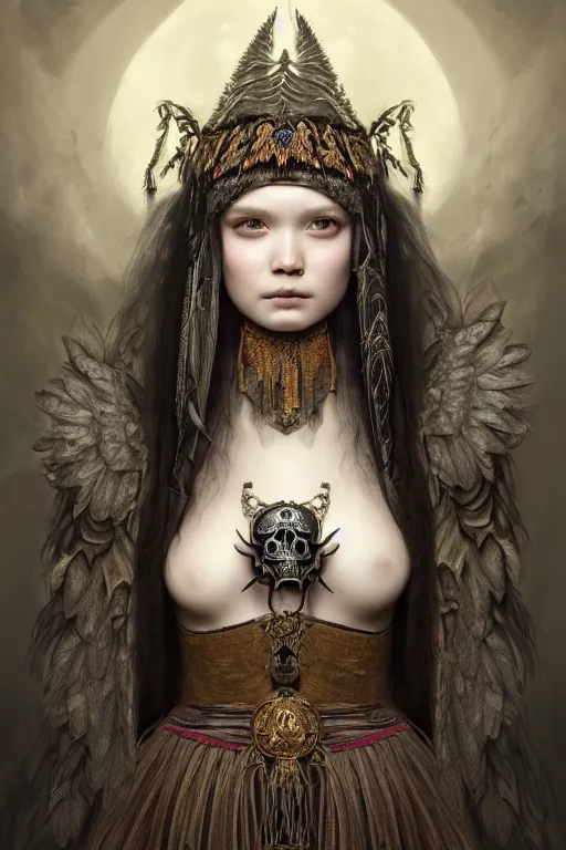 Image similar to A masterpiece ultrarealistic portrait of a Irristible angel princess tribal-shaman-knight-witch-ghost with Skull Iron mask. baroque renaissance girl in the night forest. medium shot, intricate, elegant, highly detailed. trending on artstation, digital art, by Stanley Artgerm Lau, WLOP, Rossdraws, James Jean, Andrei Riabovitchev, Marc Simonetti, Yoshitaka Amano. background by James Jean and Gustav Klimt, light by Julie Bell, 4k, porcelain skin.