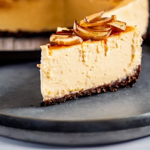 Prompt: close view of a delicious sweet and perfect onion cheesecake piece, onion pieces on top, onion slices on top, award winning, 4 k, beautiful