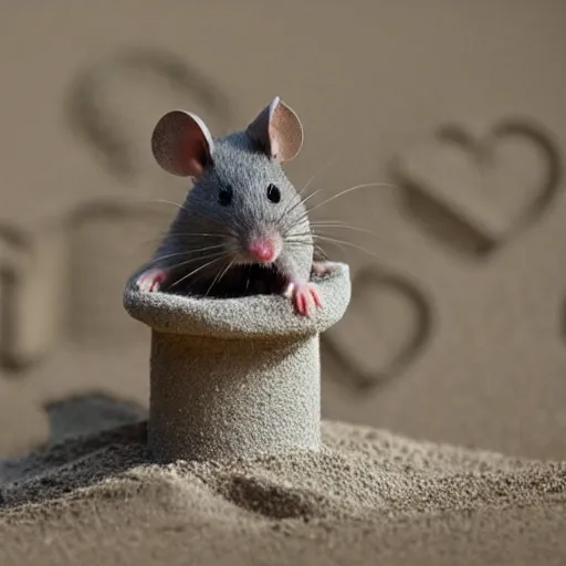 Prompt: a very cute grey mouse sitting in a small sand castle