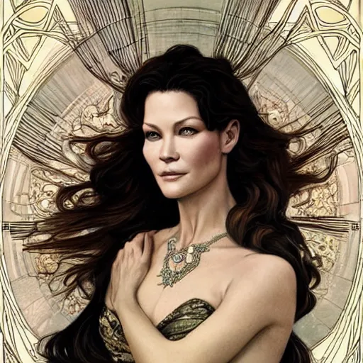 Prompt: beautiful detailed picture of catherine zeta jones, radiant light, art nouveau, intricate, elegant, highly detailed, my rendition, digital painting, artstation, concept art, smooth, sharp focus, illustration, art by artgerm and greg rutkowski and alphonse mucha