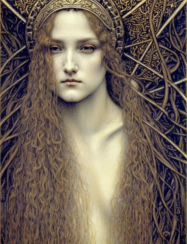 Image similar to detailed realistic beautiful young medieval queen face portrait by jean delville, gustave dore and marco mazzoni, art nouveau, symbolist, visionary, gothic, pre - raphaelite. horizontal symmetry