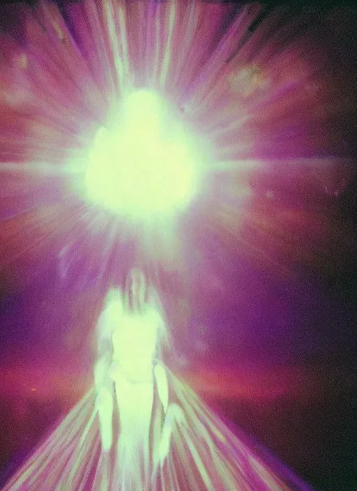 Prompt: a symmetrical female astral projection, liquid glowing aura, heavenly, motion blur, film grain, cinematic lighting, experimental film, shot on 1 6 mm