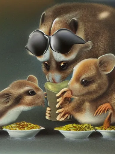 Image similar to 3 blind mice eating chicken, high detail, character, 3D, dark dull colors, photo realistic,