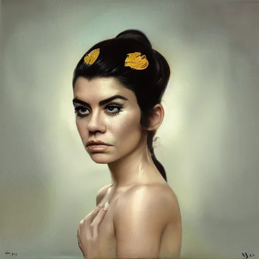 Prompt: a face portrait of marina diamandis, fantasy setting, stone face, dim colors, soft lighting, atmospheric, cinematic, moody, in the style of diego koi, gina heyer, luiz escanuela, art by alyssa monk, hyperrealism, rule of thirds, golden ratio, oil on canvas