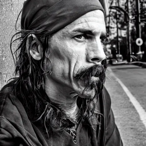 Prompt: anthony kiedis as a homeless hobo living under a bridge, street photography, 4 k, ultra realistic, highly detailed,