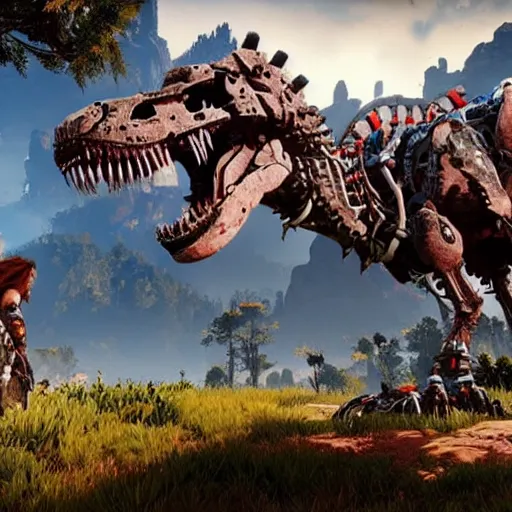 Image similar to gameplay of horizon zero dawn, mech tyrannosaurus rex, highly detailed