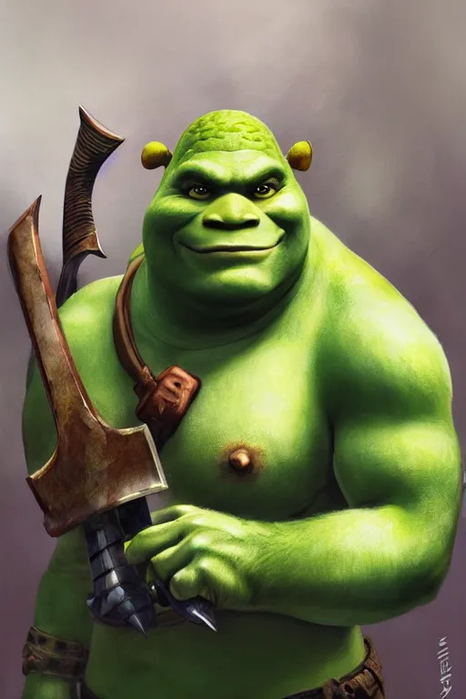 Prompt: A realistic anime portrait of Shrek, warrior, D&D, dual Axe wielding, full body plated armor, dungeons and dragons, tabletop role playing game, rpg, jrpg, digital painting, by Stanley Artgerm Lau, Frank frazzeta, WLOP and Rossdraws, digtial painting, trending on ArtStation, SFW version