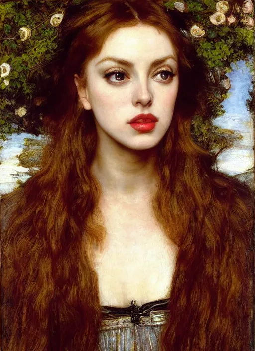 Prompt: a beautiful painting of young kylie minogue by John Everett Millais and Dante Gabriel Rossetti and John Collier and john william waterhouse, pre-raphaelite, detailed, trending on artstation, hd, masterpiece