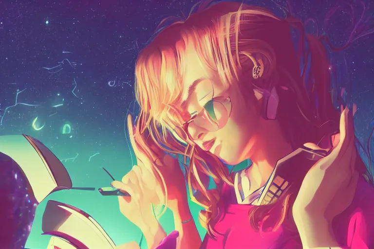 Image similar to a beautiful girl reading a book in space, lofi, anime, digital art, neon, synthwave,