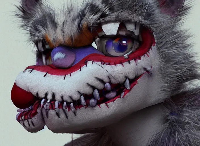 Image similar to award - winning detailed concept art of a creepy clown fnaf animatronic puppet anthropomorphic raccoon character wearing clown makeup face paint. art by wlop on bcy. net, realistic. detailed fur, art by cheng yi. artstationhd, artgerm, 3 dcg, pixar zootopia. 3 d rendering, high quality disney model sheet detailed