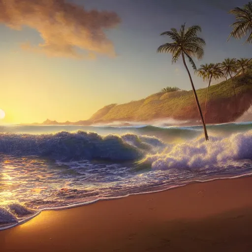 Prompt: A beautiful detailed painting of an exotic deserted beach with big waves, lit by sunset, by Quentin Marsollier, unreal engine, featured on artstation, ultrawide angle, f8