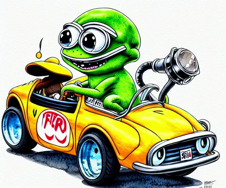 Image similar to cute and funny, cute pepe wearing a helmet riding in a tiny hot rod with oversized engine, ratfink style by ed roth, centered award winning watercolor pen illustration, isometric illustration by chihiro iwasaki, edited by range murata, details by artgerm